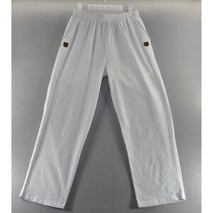 Womens White Linen Blend Straight Leg Pants Elastic Waist High Rise New - L